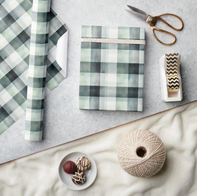 Mint White Black Plaid Stripes Wrapping Paper (Crafts)