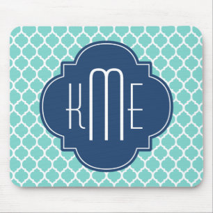 Mint White Blue Moroccan Quatrefoil Monogram Mouse Pad
