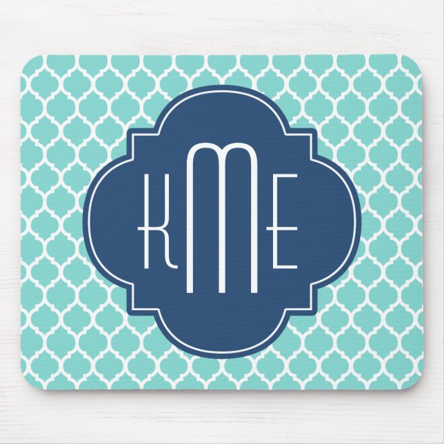 Mint White Blue Moroccan Quatrefoil Monogram Mouse Pad (Front)