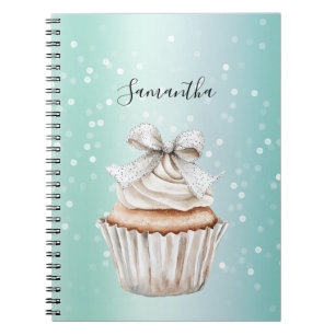 Mint White Bokeh Dots Bow Cupcake   Notebook