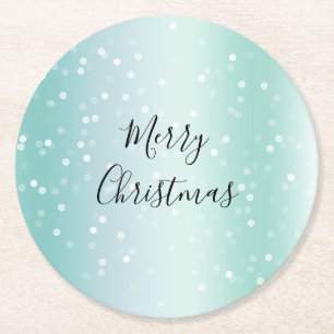 Mint White Bokeh Dots Celebration Round Paper Coaster