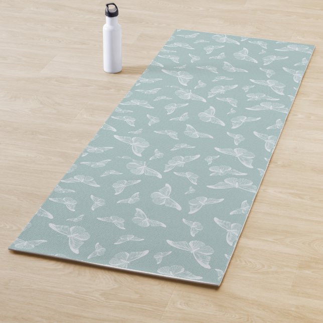 Mint White Butterfly Pattern Yoga Mat (In Situ)