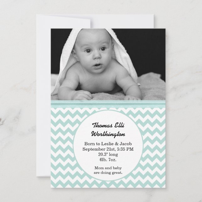 Mint & White Chevron Baby Birth Announcement (Front)