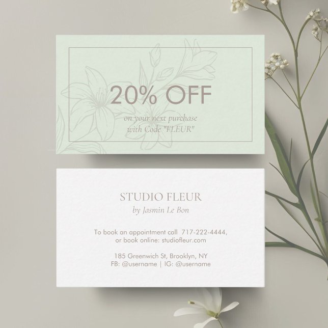 Mint & White | Chic Minimal Floral Discount Card (Creator Uploaded)
