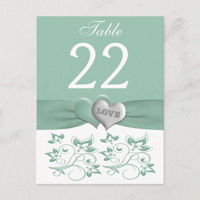 Mint, White Floral Hearts Table Number Card (Front)