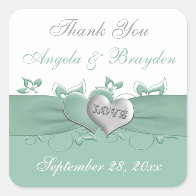 Mint, White Floral Hearts Wedding Favour Sticker (Front)