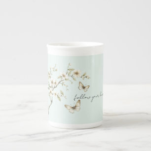 Mint White Flowers Butterflies Bridal Shower Bone China Mug