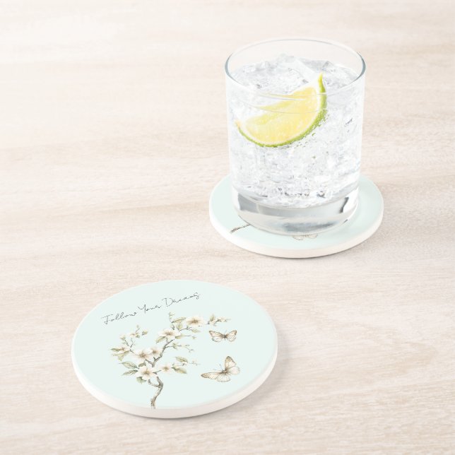 Mint White Flowers Butterflies   Coaster (Side)