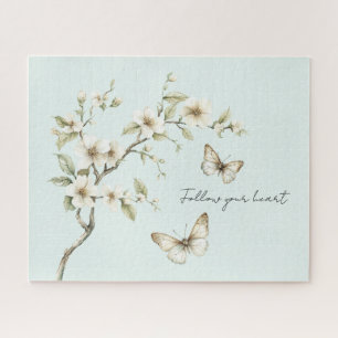 Mint White Flowers Butterflies   Jigsaw Puzzle