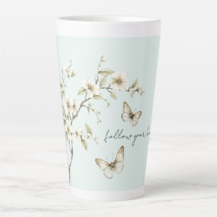 Mint White Flowers Butterflies Latte Mug