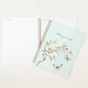Mint White Flowers Butterflies   Planner