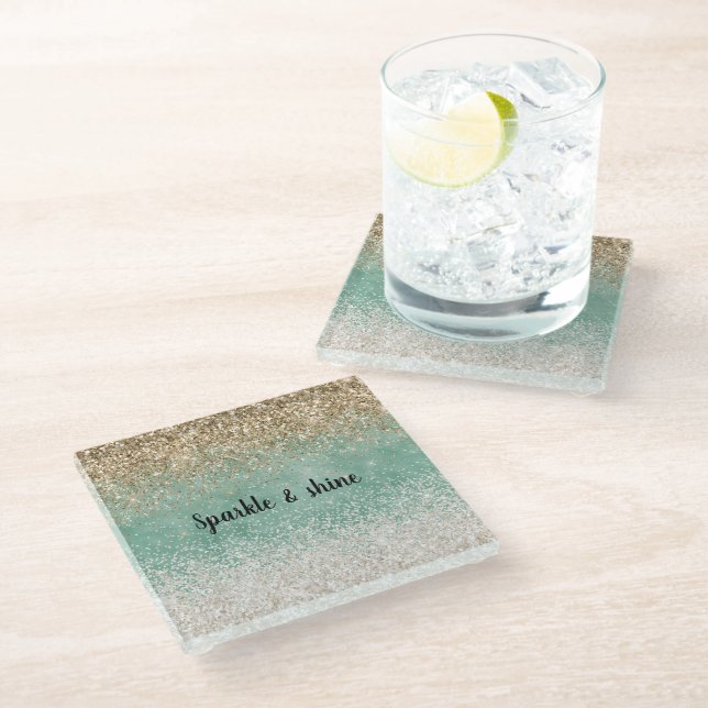 Mint White Glam Gold Sparkle Glitter Glass Coaster (Angled)