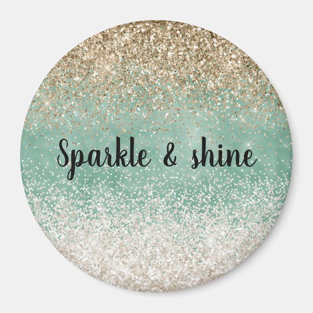 Mint White Glam Gold Sparkle Glitter Magnet (Front)