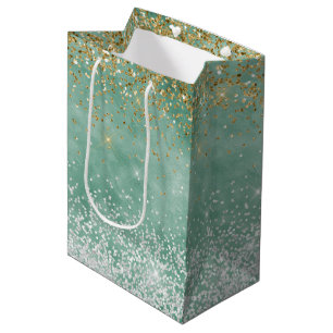 Mint White Glam Gold Sparkle Glitter Medium Gift Bag