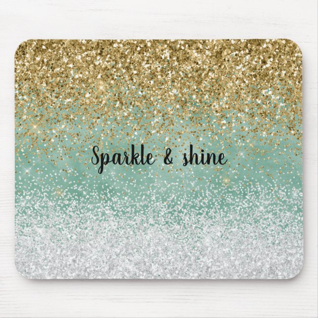 Mint White Glam Gold Sparkle Glitter Mouse Pad (Front)