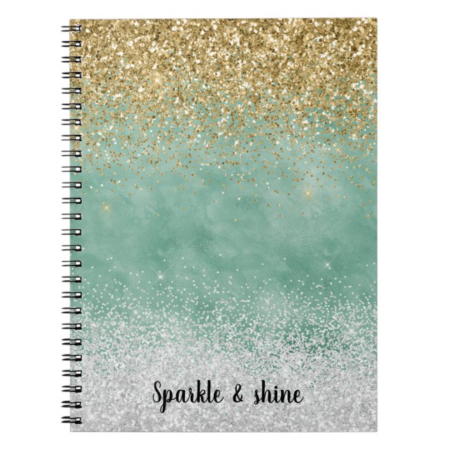 Mint White Glam Gold Sparkle Glitter Notebook (Front)