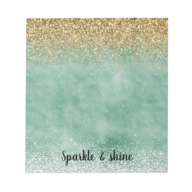 Mint White Glam Gold Sparkle Glitter Notepad (Front)