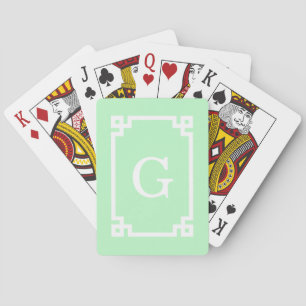 Mint White Greek Key Frame #2 Initial Monogram Playing Cards
