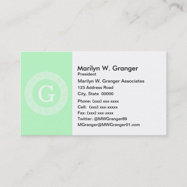Mint White Greek Key Rnd Frame Initial Monogram Business Card (Front)