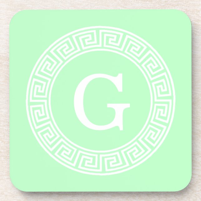 Mint White Greek Key Rnd Frame Initial Monogram Coaster (Front)