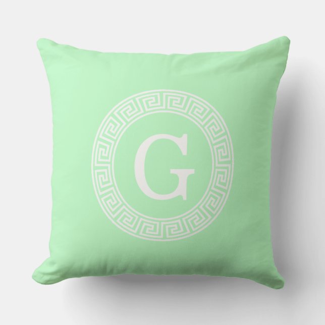 Mint White Greek Key Rnd Frame Initial Monogram Cushion (Front)