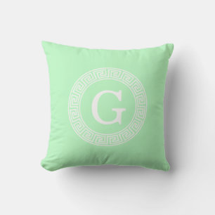 Mint White Greek Key Rnd Frame Initial Monogram Cushion