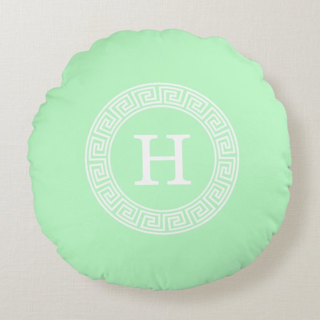 Mint White Greek Key Rnd Frame Initial Monogram Round Cushion (Front)