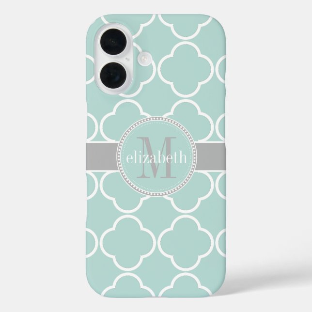 Mint | White | Grey Quatrefoil Clover Monogram Case-Mate iPhone Case (Back)