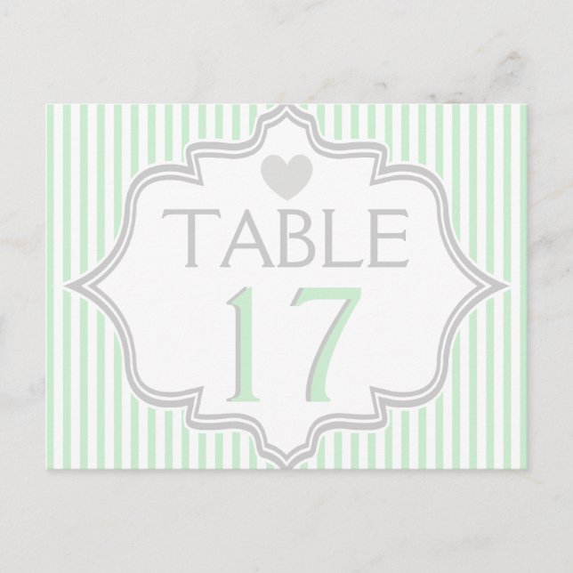 Mint, white, grey stripes wedding table number postcard (Front)