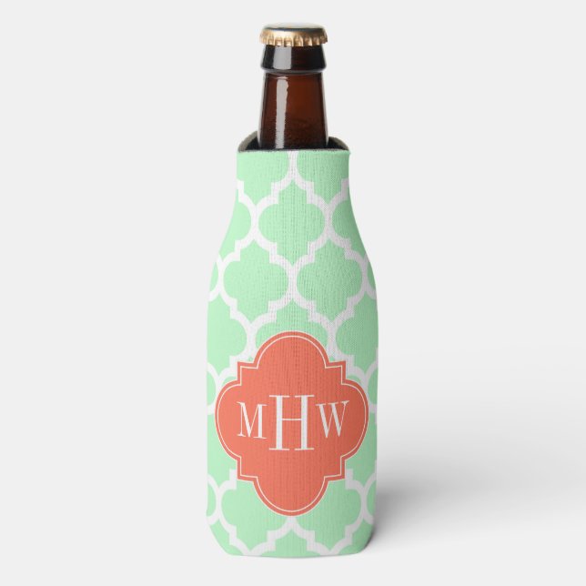 Mint White Moroccan #5 Coral 3 Initial Monogram Bottle Cooler (Bottle Front)
