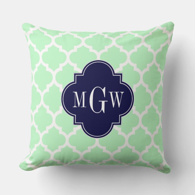 Mint, White Moroccan #5 Navy 3 Initial Monogram Cushion (Front)