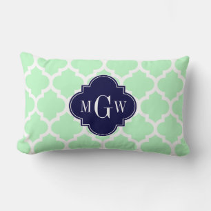 Mint, White Moroccan #5 Navy 3 Initial Monogram Lumbar Cushion