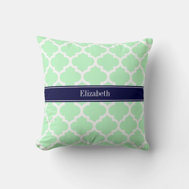 Mint White Moroccan #5 Navy Blue Name Monogram Cushion (Front)
