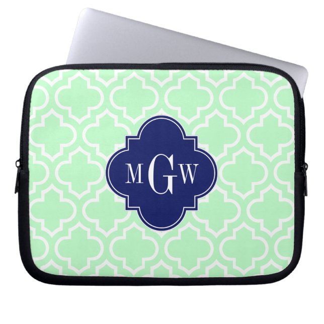 Mint White Moroccan #6 Navy 3 Initial Monogram Laptop Sleeve (Front)