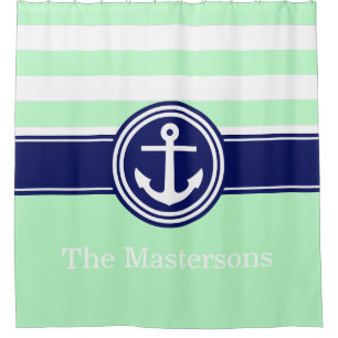 Mint White Navy Blue Nautical Stripe Anchor CB Shower Curtain