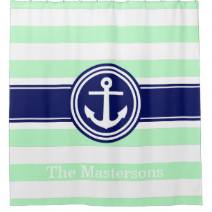 Mint White Navy Blue Nautical Stripe Anchor Shower Curtain