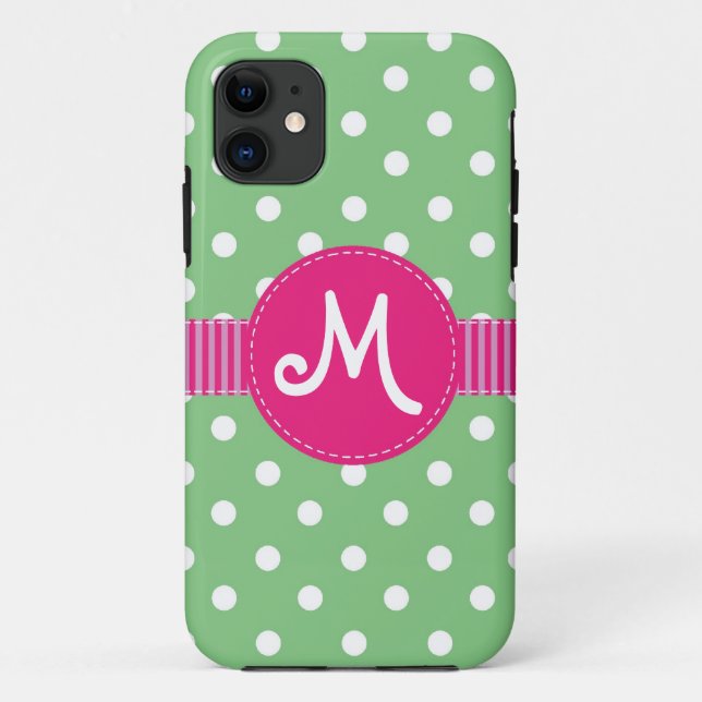 Mint & White Polka Dots Ribbon Personalizable Case-Mate iPhone Case (Back)