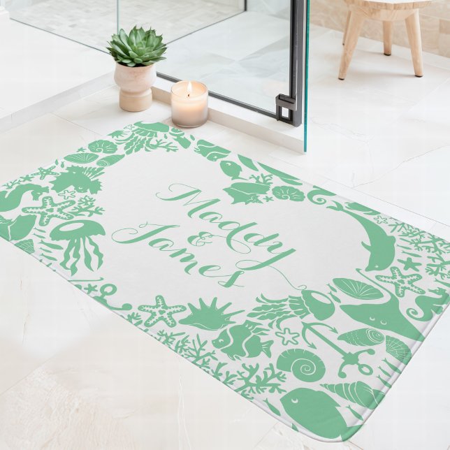 Mint & White Sea Creatures Couples Heart Monogram Bath Mat (Creator Uploaded)