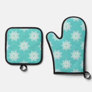 Mint White Snowflake Pattern   Oven Mitt & Pot Holder Set