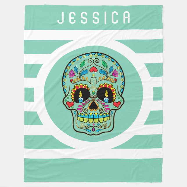 Mint & White Stripes With Floral Sugar Skull Fleece Blanket (Front)