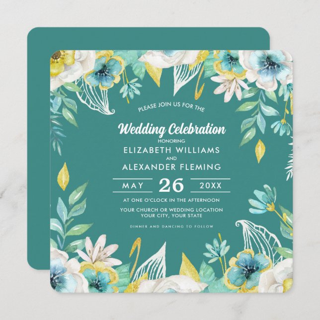 Mint White Yellow Floral Watercolor Wedding  Invitation (Front/Back)