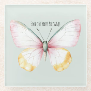 Mint White Yellow Pink Teal Butterfly Glass Coaster