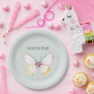 Mint White Yellow Pink Teal Butterfly Paper Plate