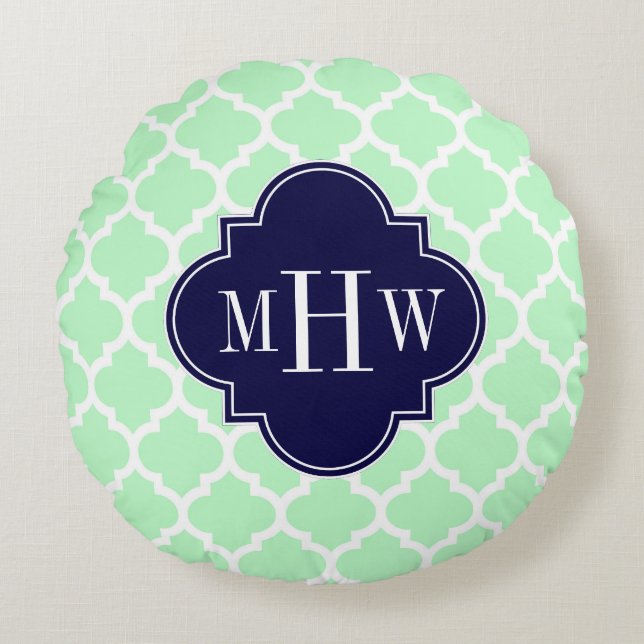 Mint Wht Moroccan #5 Navy Blue 3 Initial Monogram Round Cushion (Front)