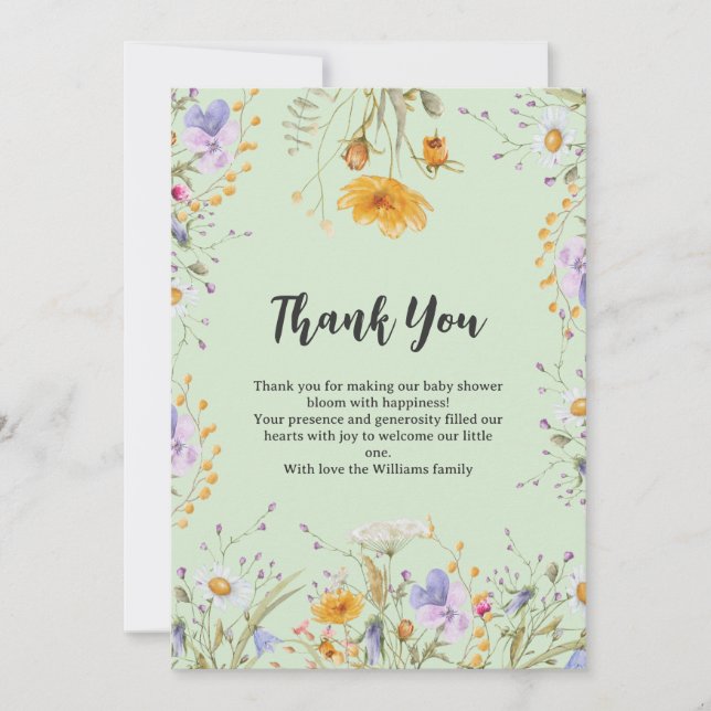 Mint wildflower floral Thank You Baby Shower  Card (Front)