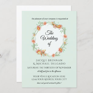 Mint Willow Coral Butterfly Floral Wreath Wedding Invitation