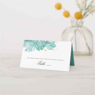 Mint winter floral wedding. Watercolor succulents Place Card