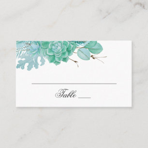 Mint winter floral wedding. Watercolor succulents Place Card