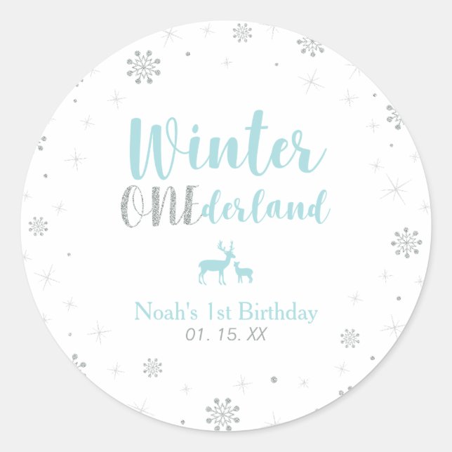  Mint Winter Onderland 1st Birthday Party Favour Classic Round Sticker (Front)