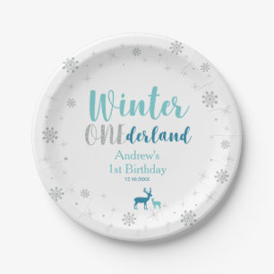 Mint Winter Onederland Boy 1st Birthday Party Paper Plate